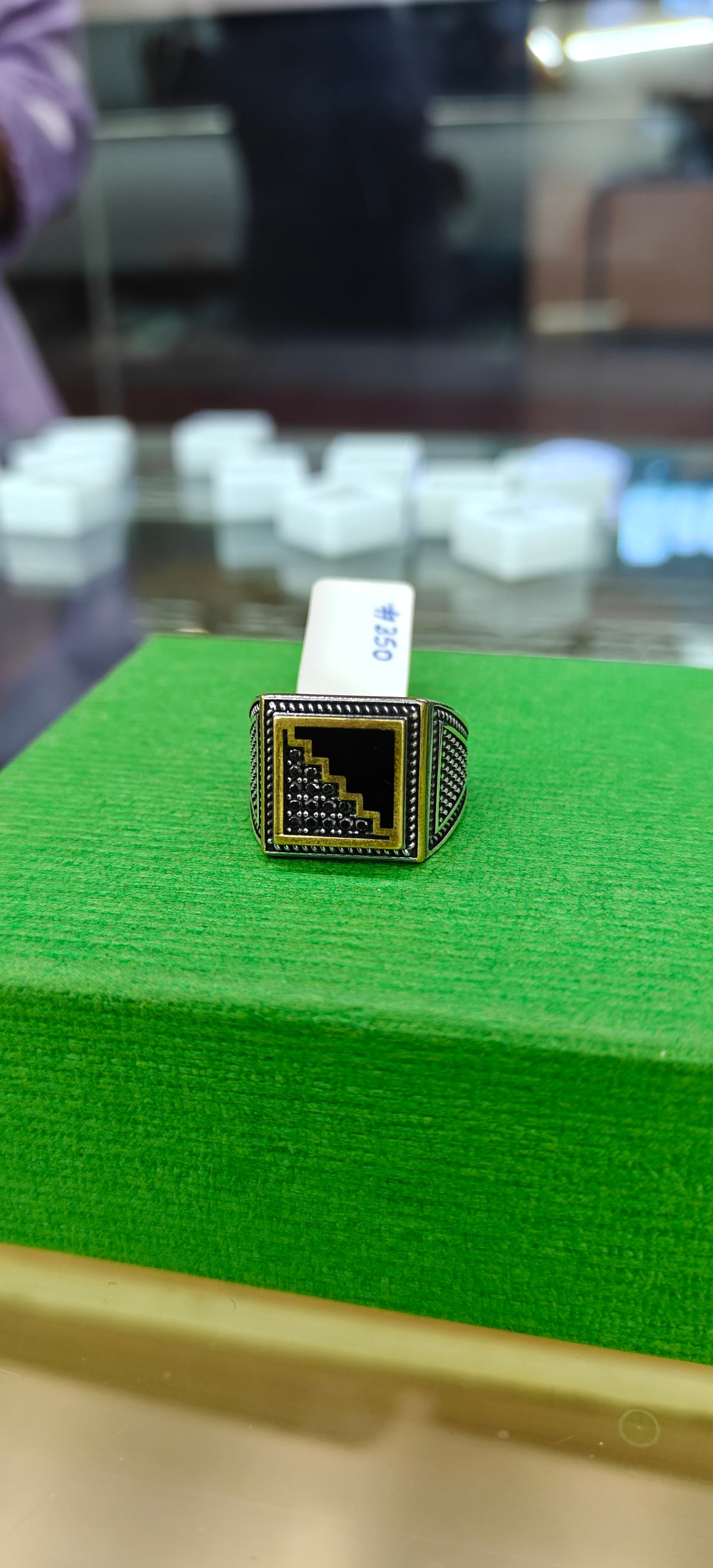 Black Stone Step-Pattern Silver Ring