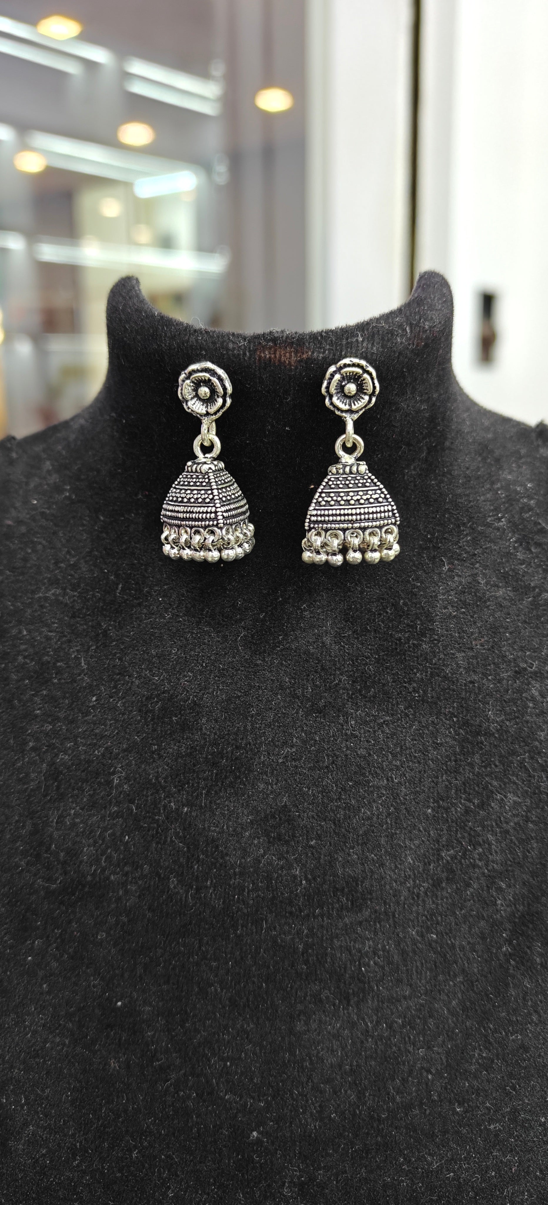 Oxidized Silver Domed Jhumka Earrings