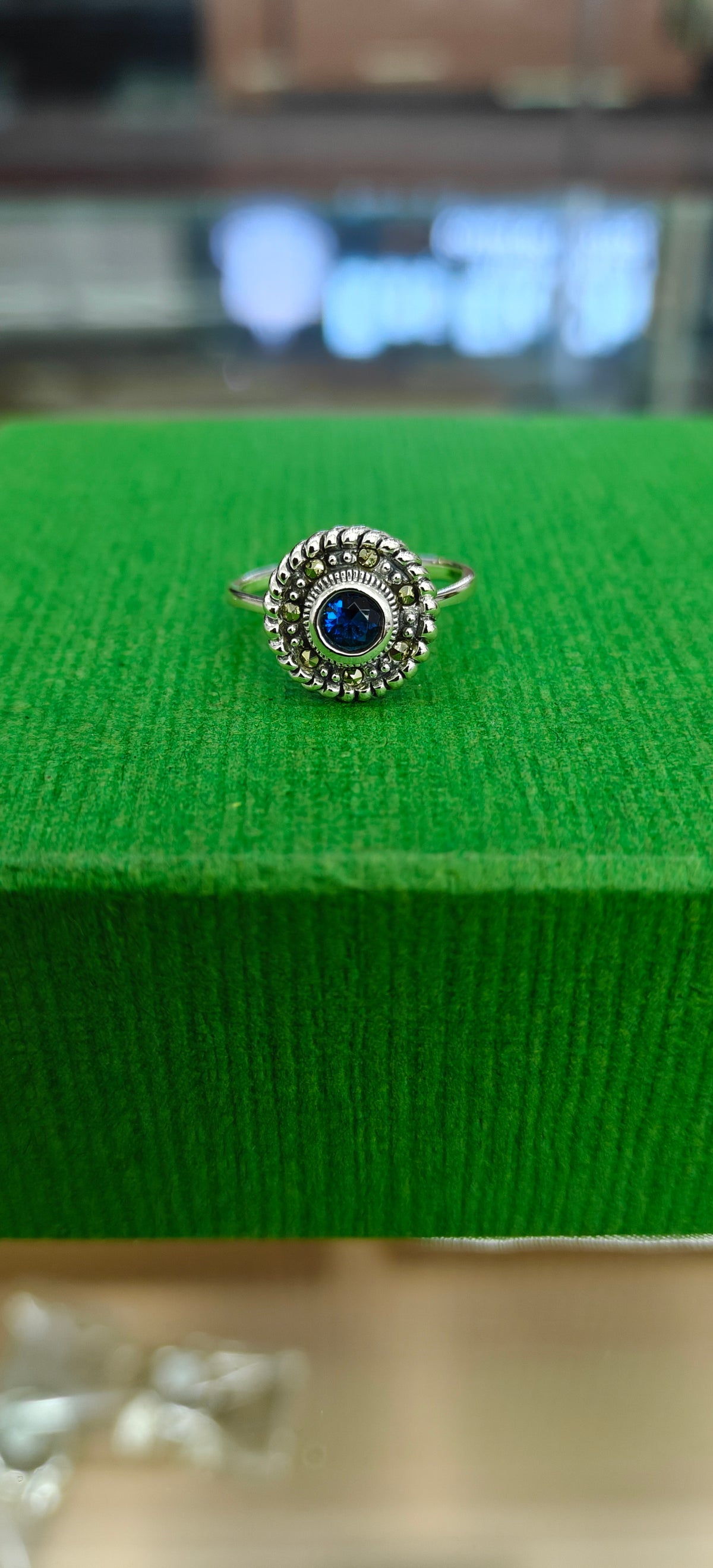 Blue Stone Floral Silver Ring
