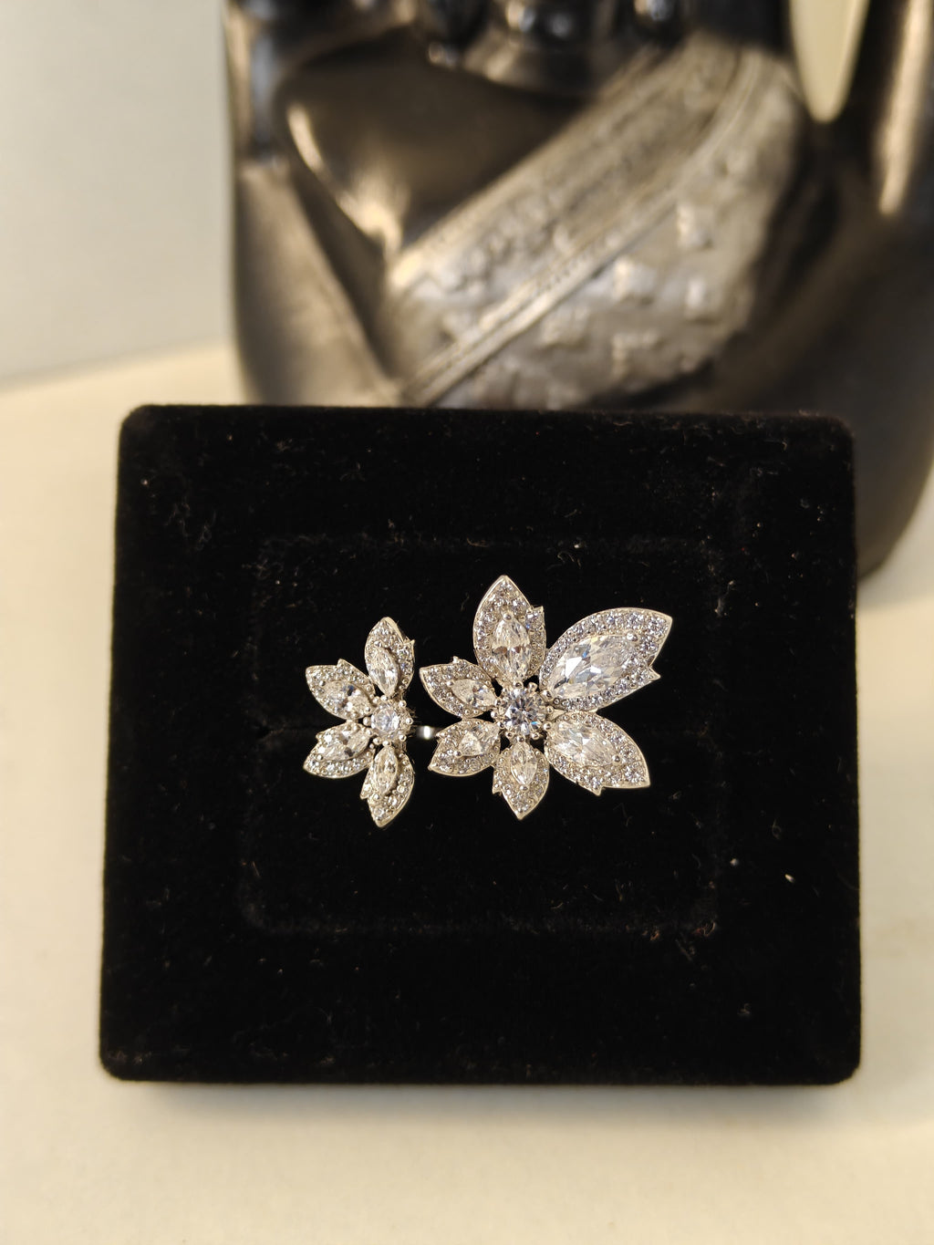 Double Floral Sparkle Silver Ring