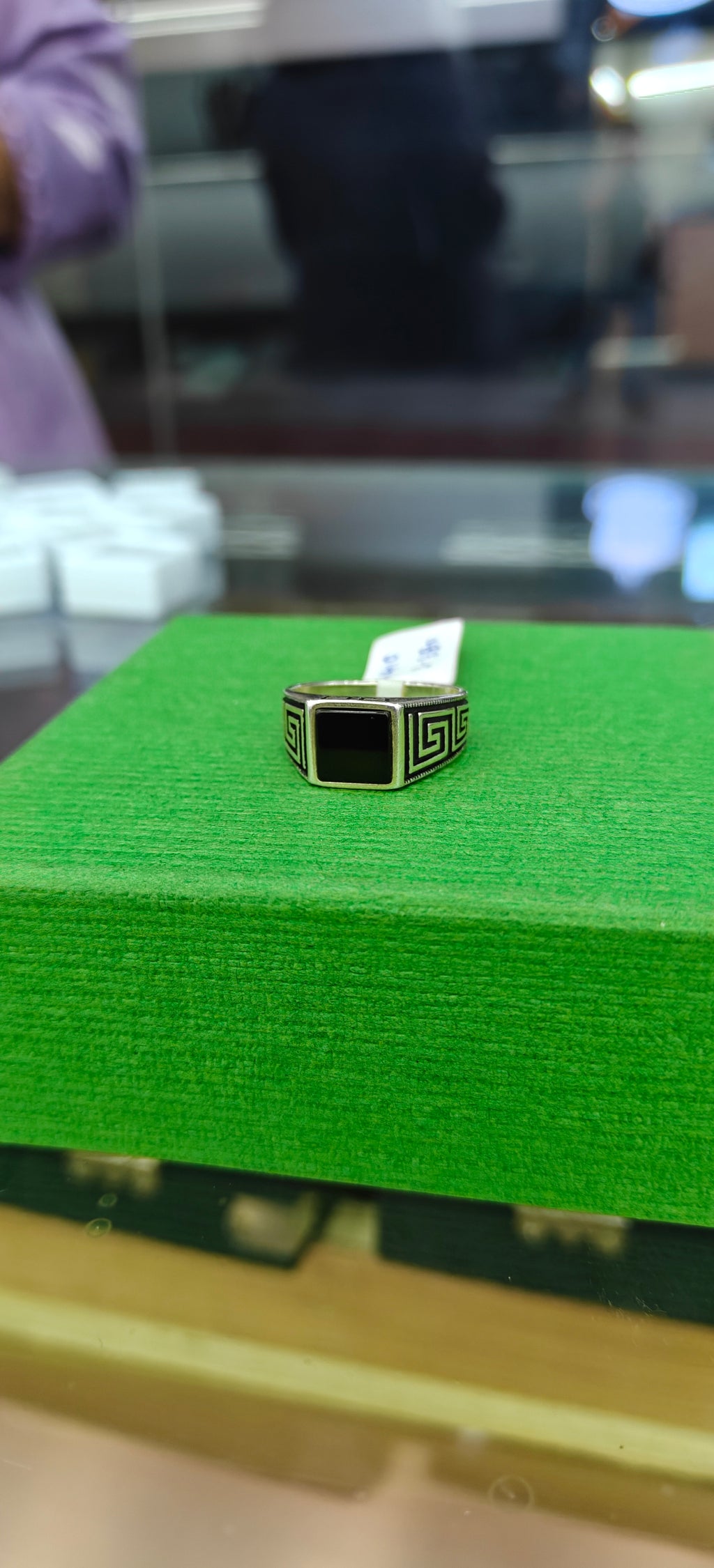 Black Stone Greek Key Silver Ring
