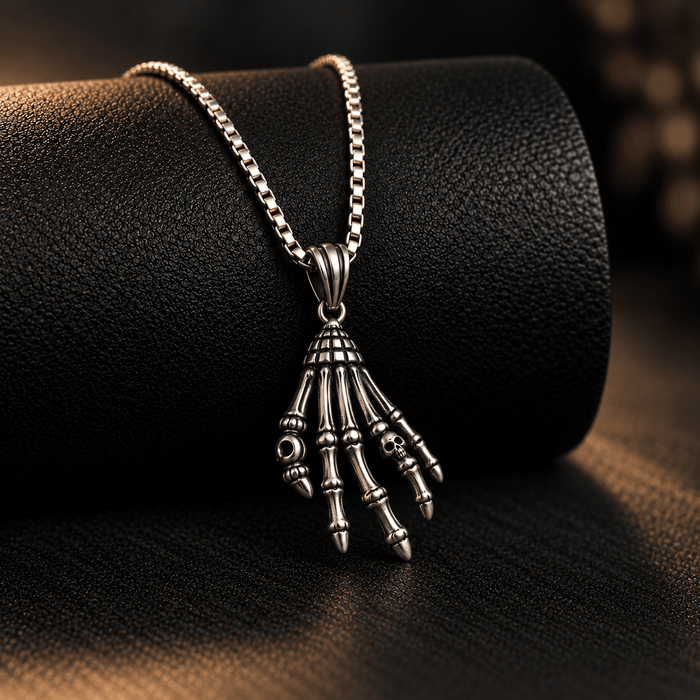 Oxidised Silver Skeleton Hand Pendant