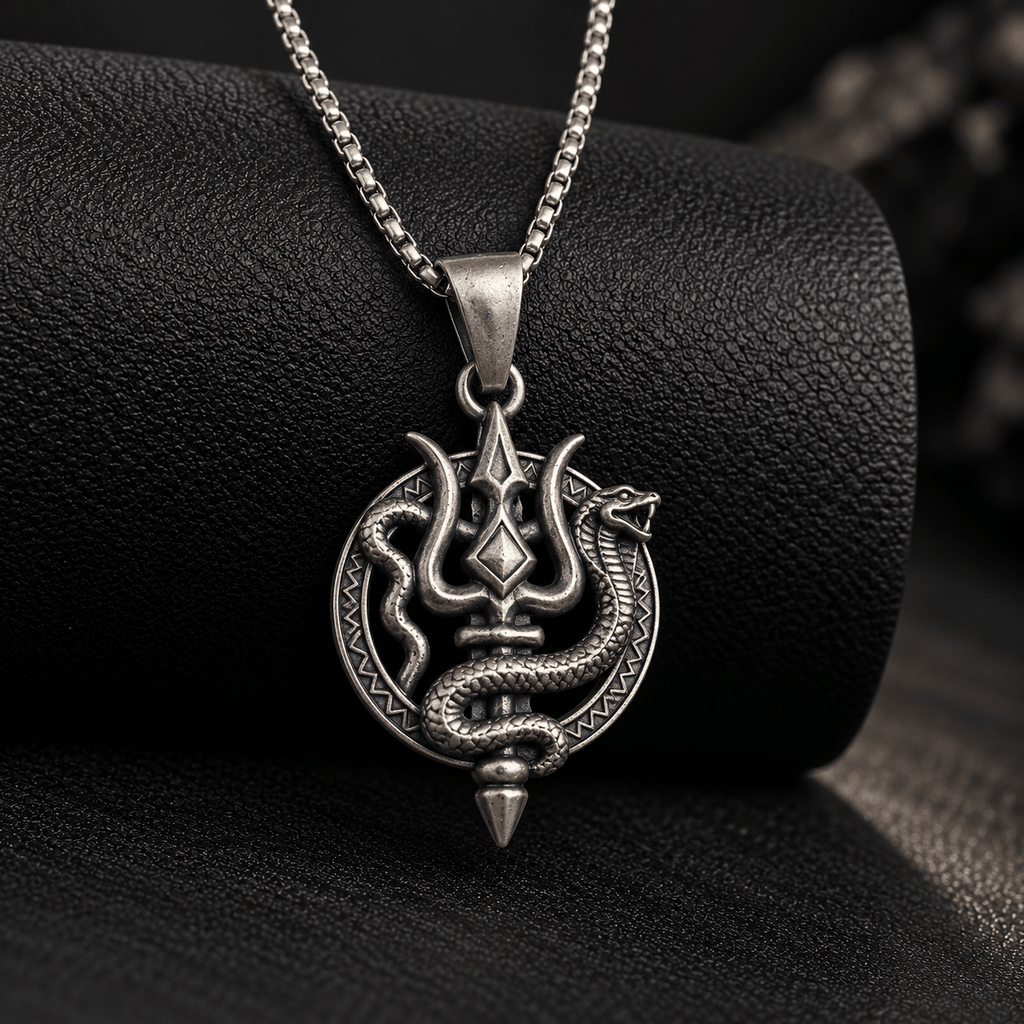 Oxidised Silver Trishul & Nag Pendant
