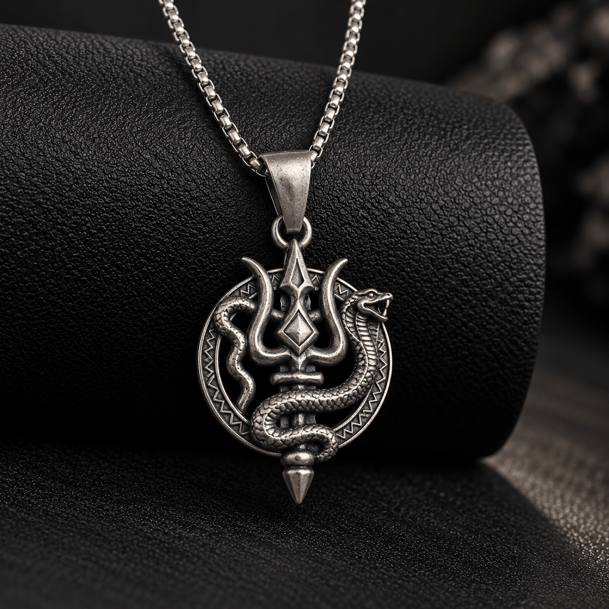 Oxidised Silver Trishul & Nag Pendant