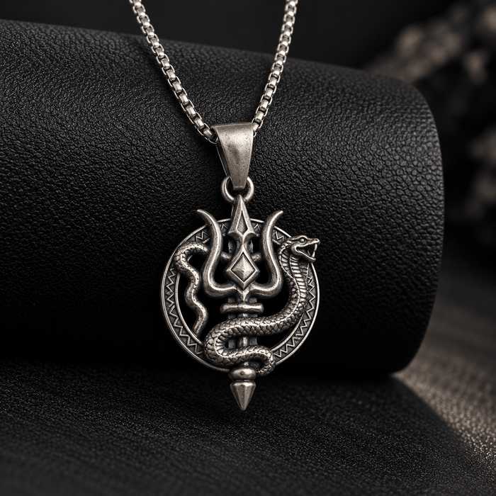 Oxidised Silver Trishul & Nag Pendant