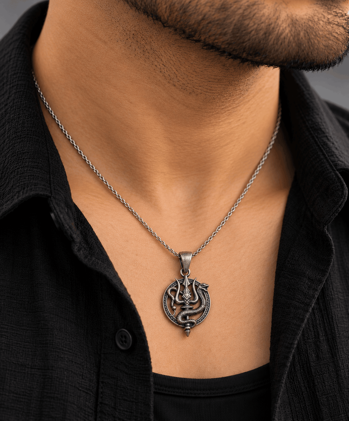 Oxidised Silver Trishul & Nag Pendant