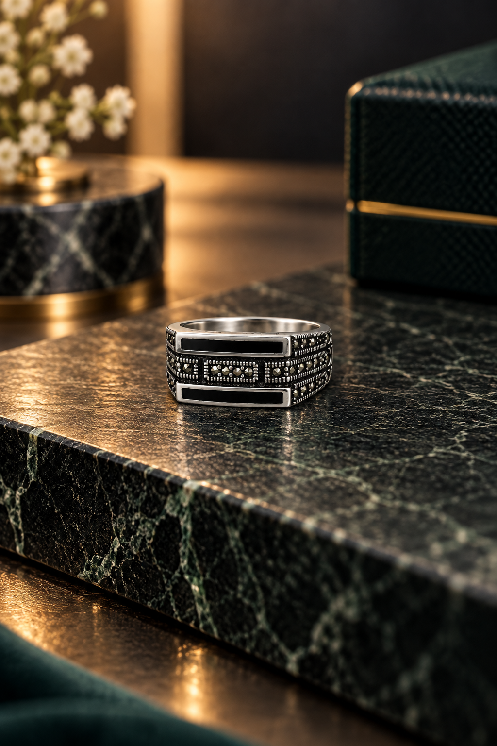 Black Bar Pattern Silver Ring