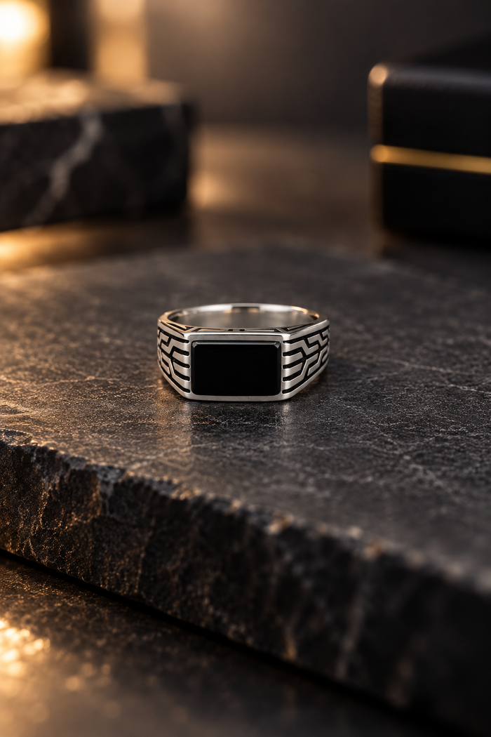 Black Rectangular Stone Silver Ring