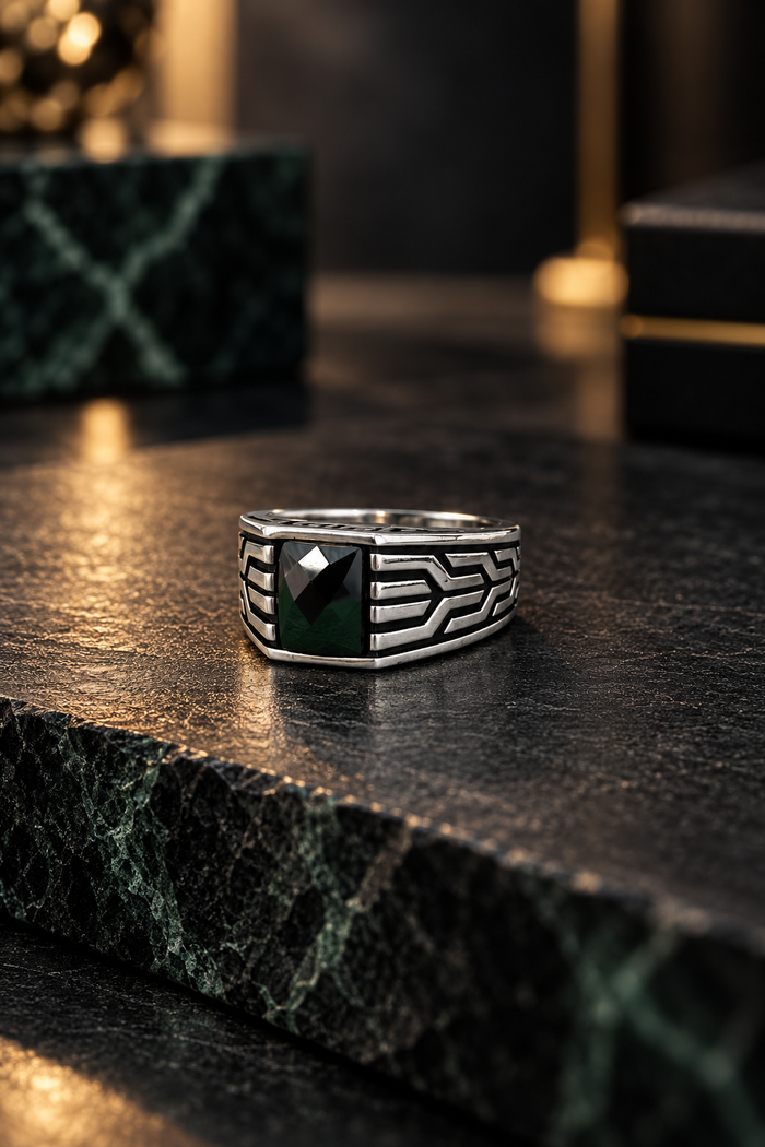 Black Stone Geometric Silver Ring