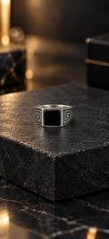 Black Stone Greek Key Silver Ring