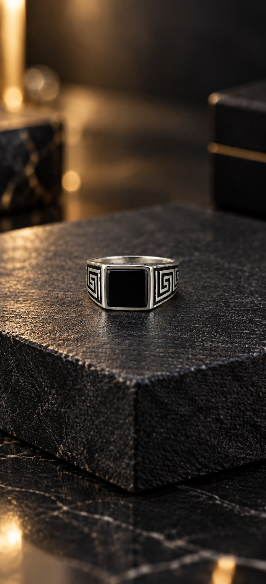 Black Stone Greek Key Silver Ring