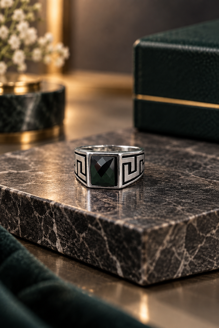 Black Stone Greek Pattern Silver Ring