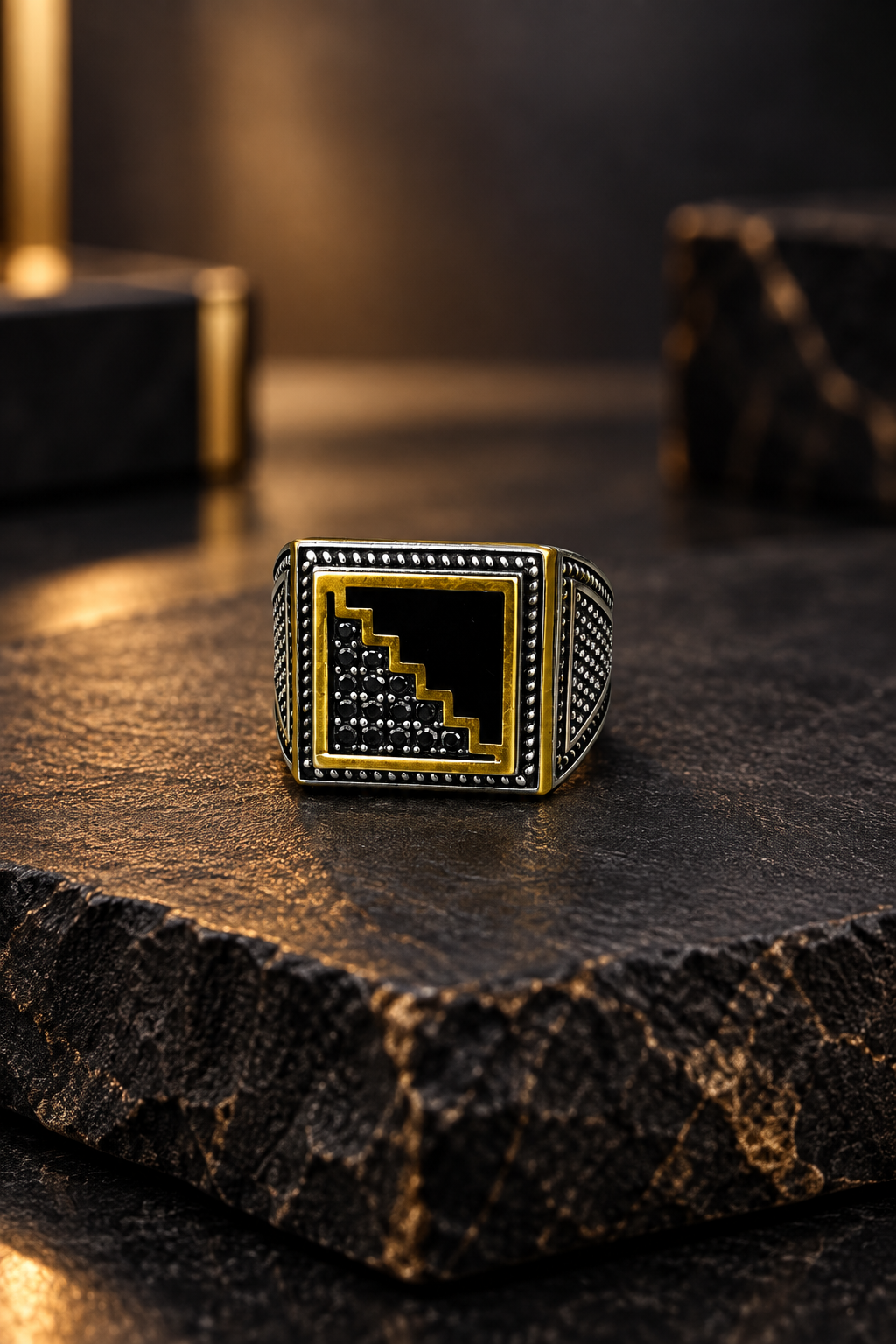 Black Stone Step-Pattern Silver Ring
