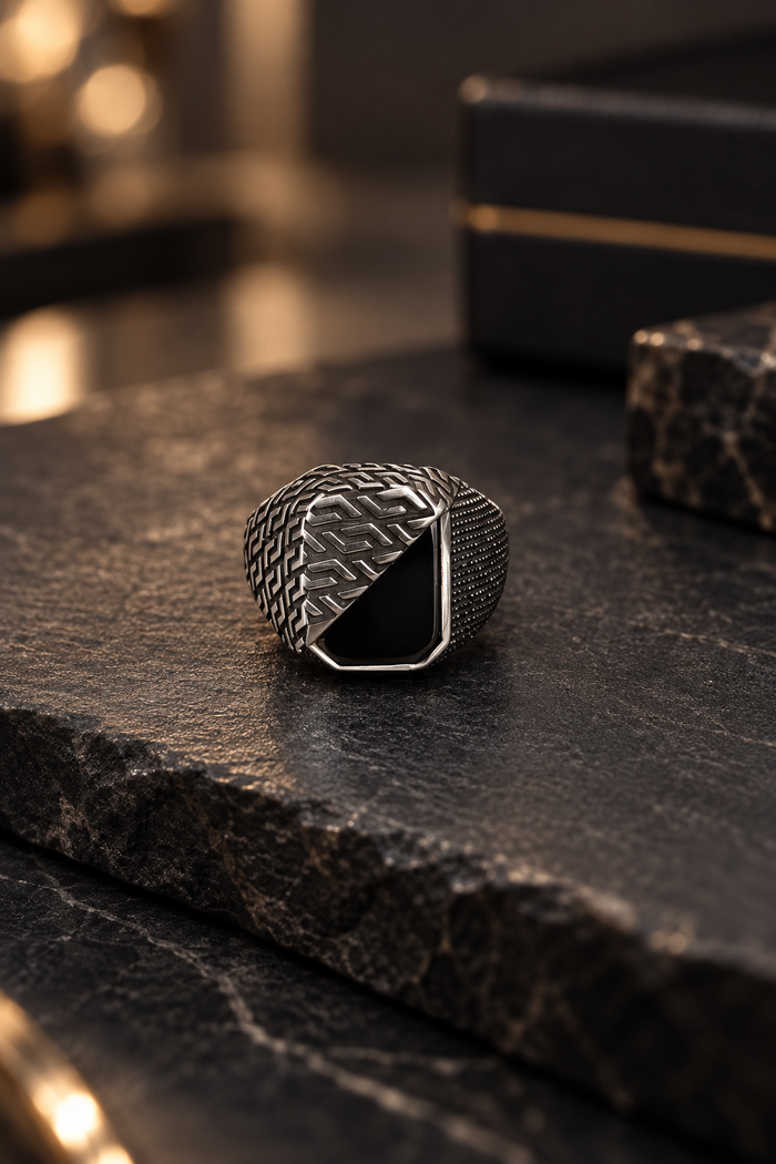 Black Triangle Stone Silver Ring