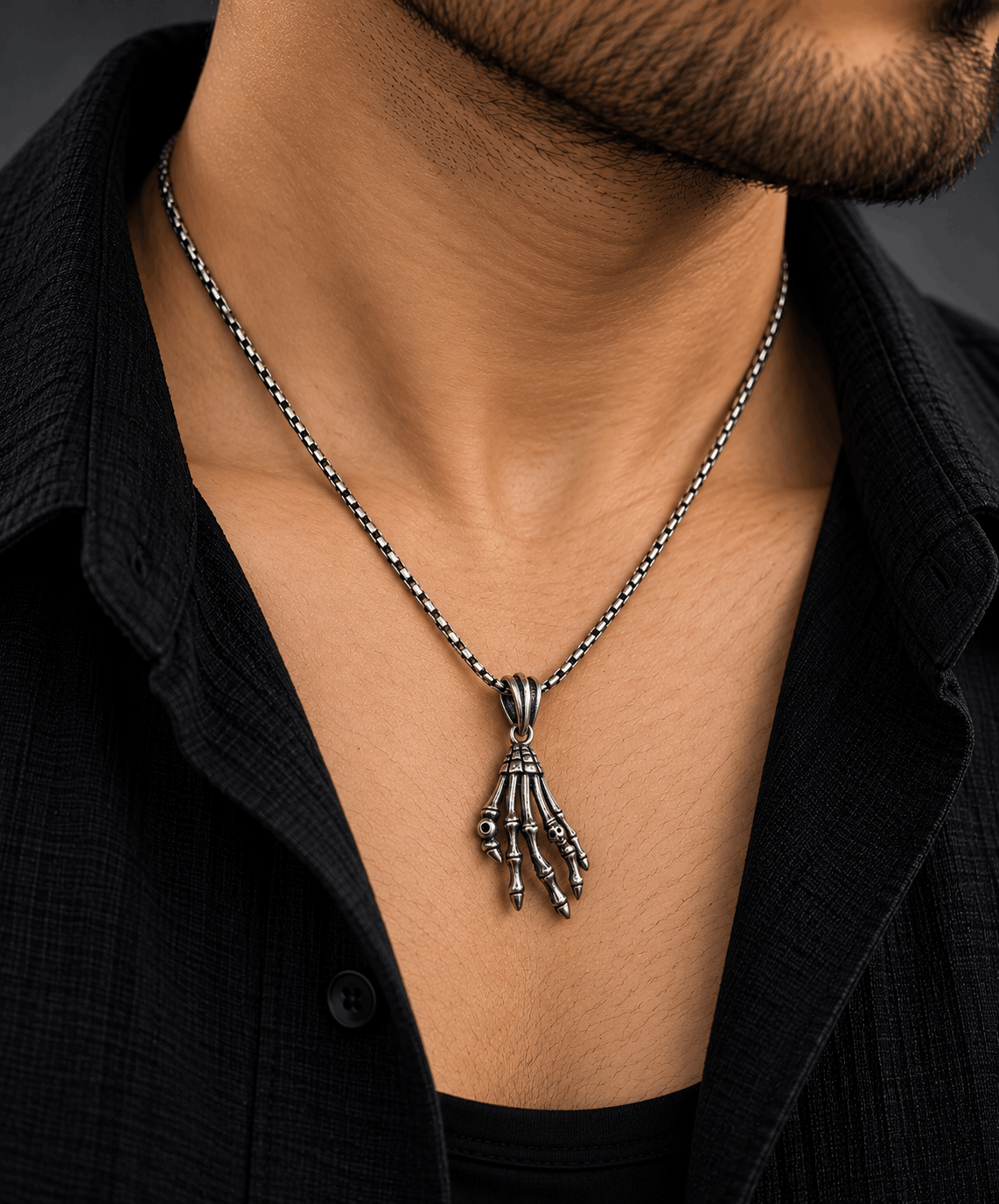 Oxidised Silver Skeleton Hand Pendant