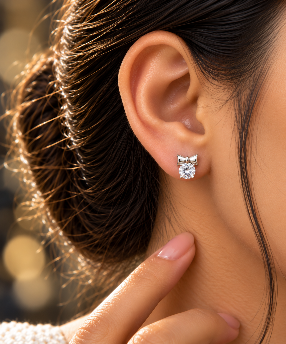Silver Bow Solitaire Stud Earrings