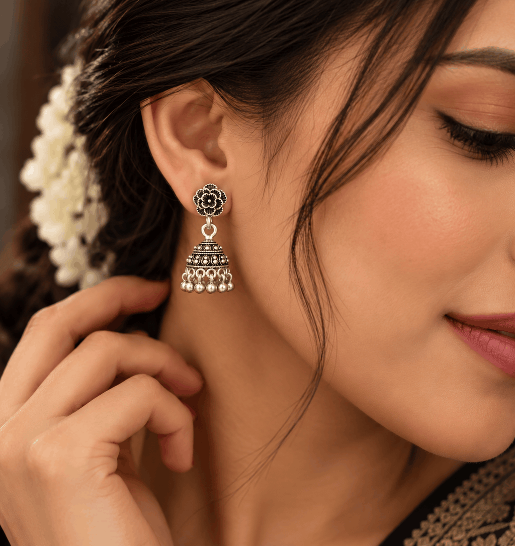 Oxidized Silver Floral Jhumka Earrings