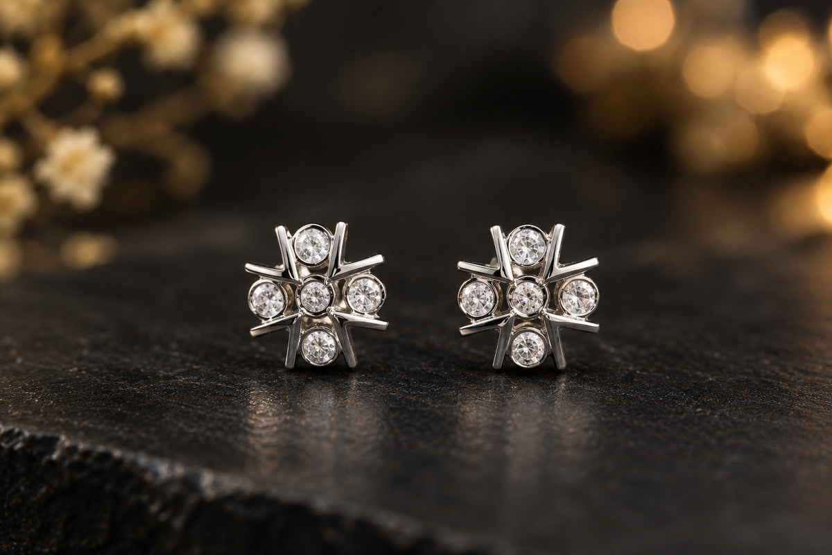 Silver Geometric CZ Stone Stud Earrings