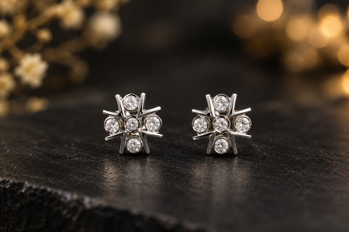 Silver Geometric CZ Stone Stud Earrings
