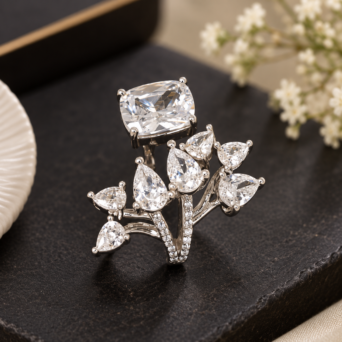 Floral Bouquet Statement Silver Ring