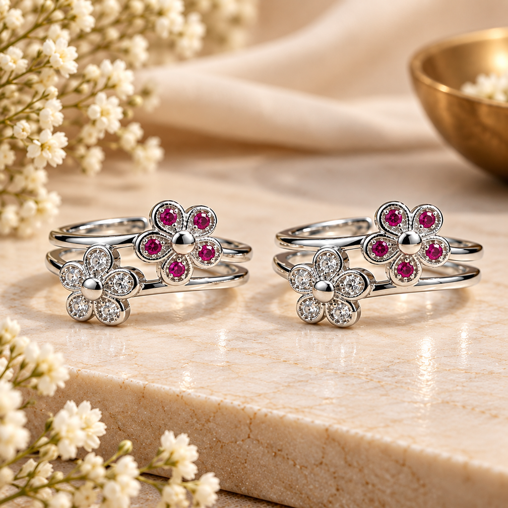 Silver Multicolour Floral Toe Rings