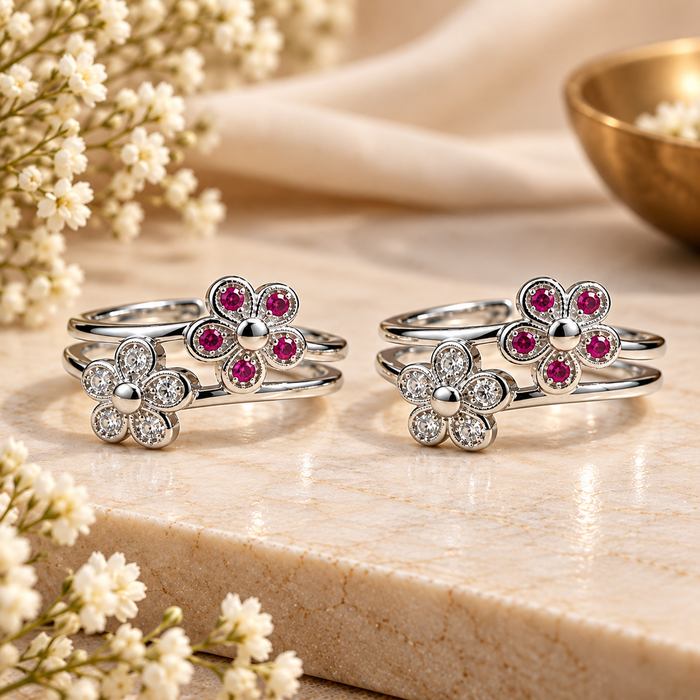 Silver Multicolour Floral Toe Rings