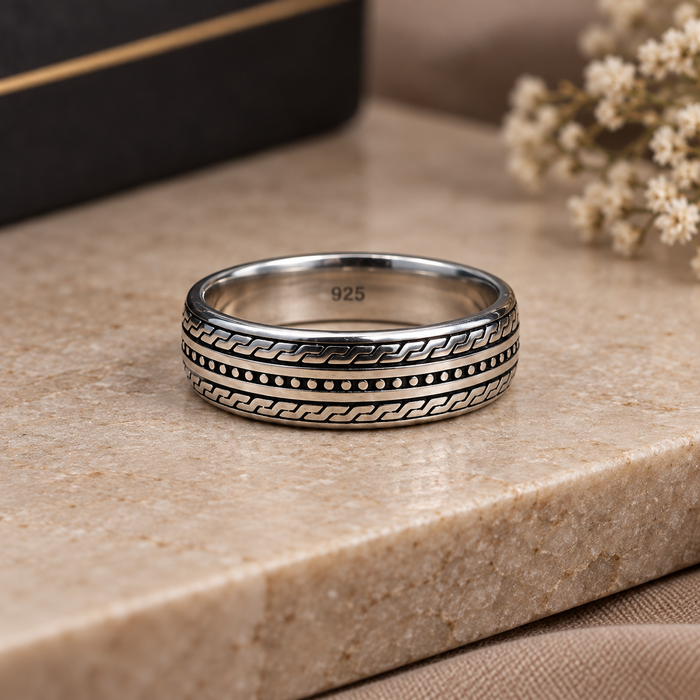 Greek Textured Key Band Silver Ring