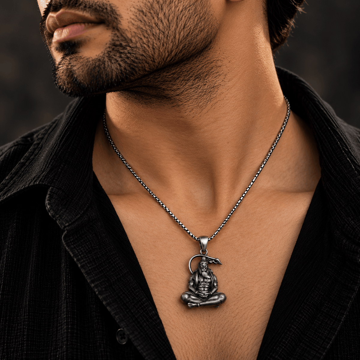 Oxidised Silver Hanuman Pendant