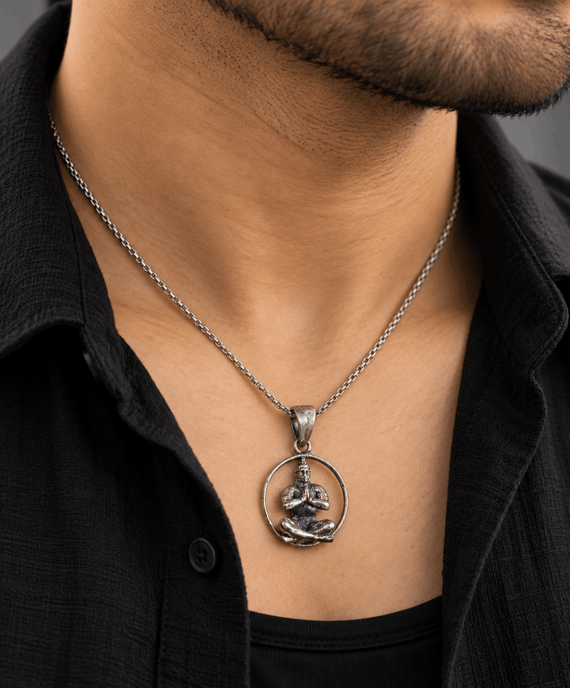 Oxidised Silver Meditating Hanuman Pendant