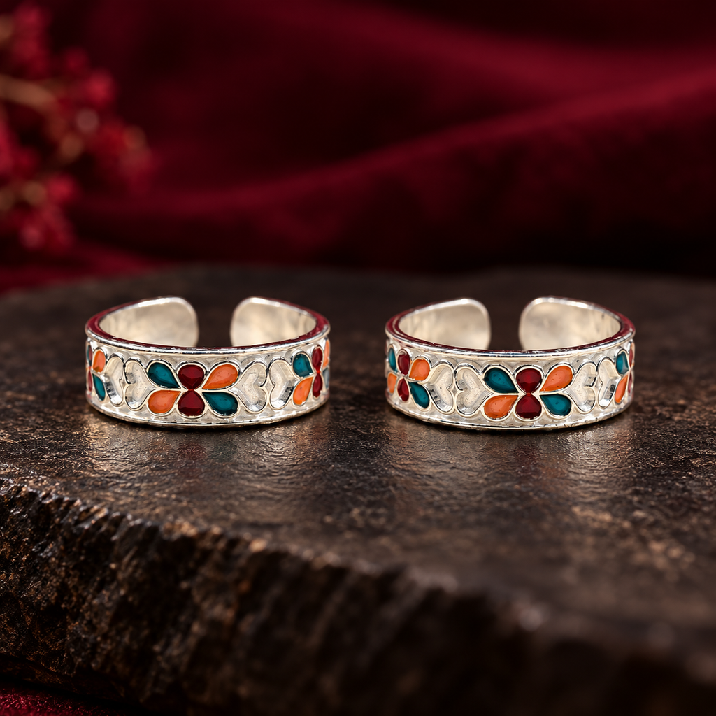 Multicolour Floral Silver Toe Rings