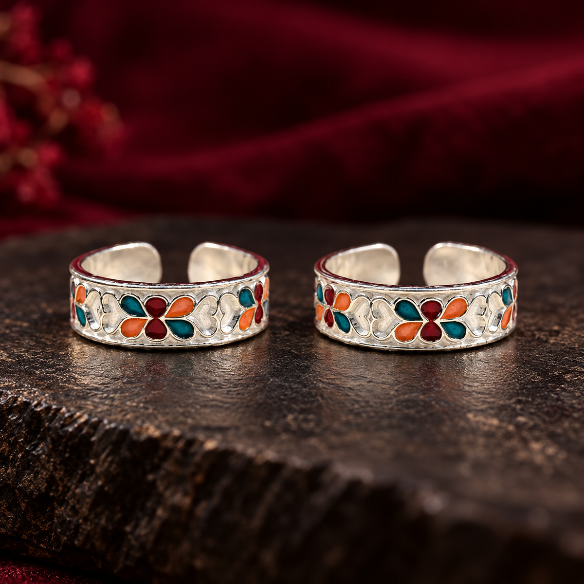Multicolour Floral Silver Toe Rings