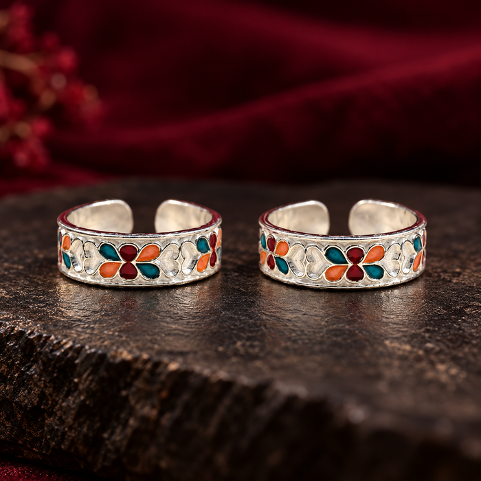 Multicolour Floral Silver Toe Rings