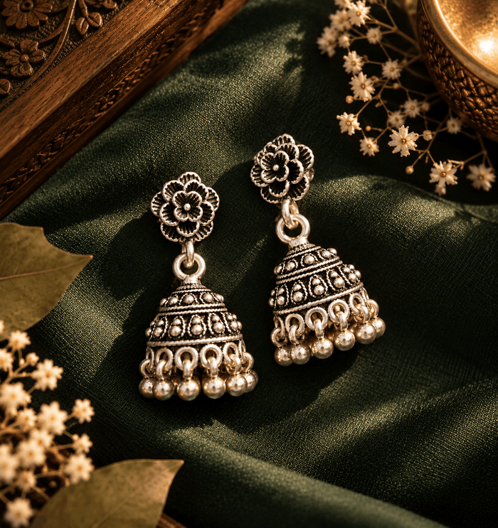 Oxidized Silver Floral Jhumka Earrings
