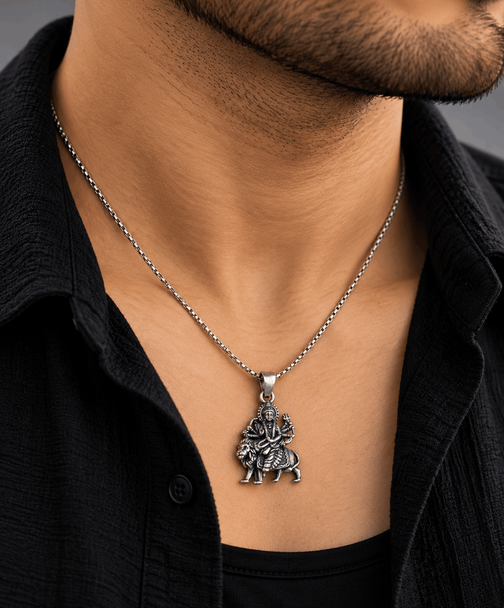 Oxidised Silver Maa Durga Pendant