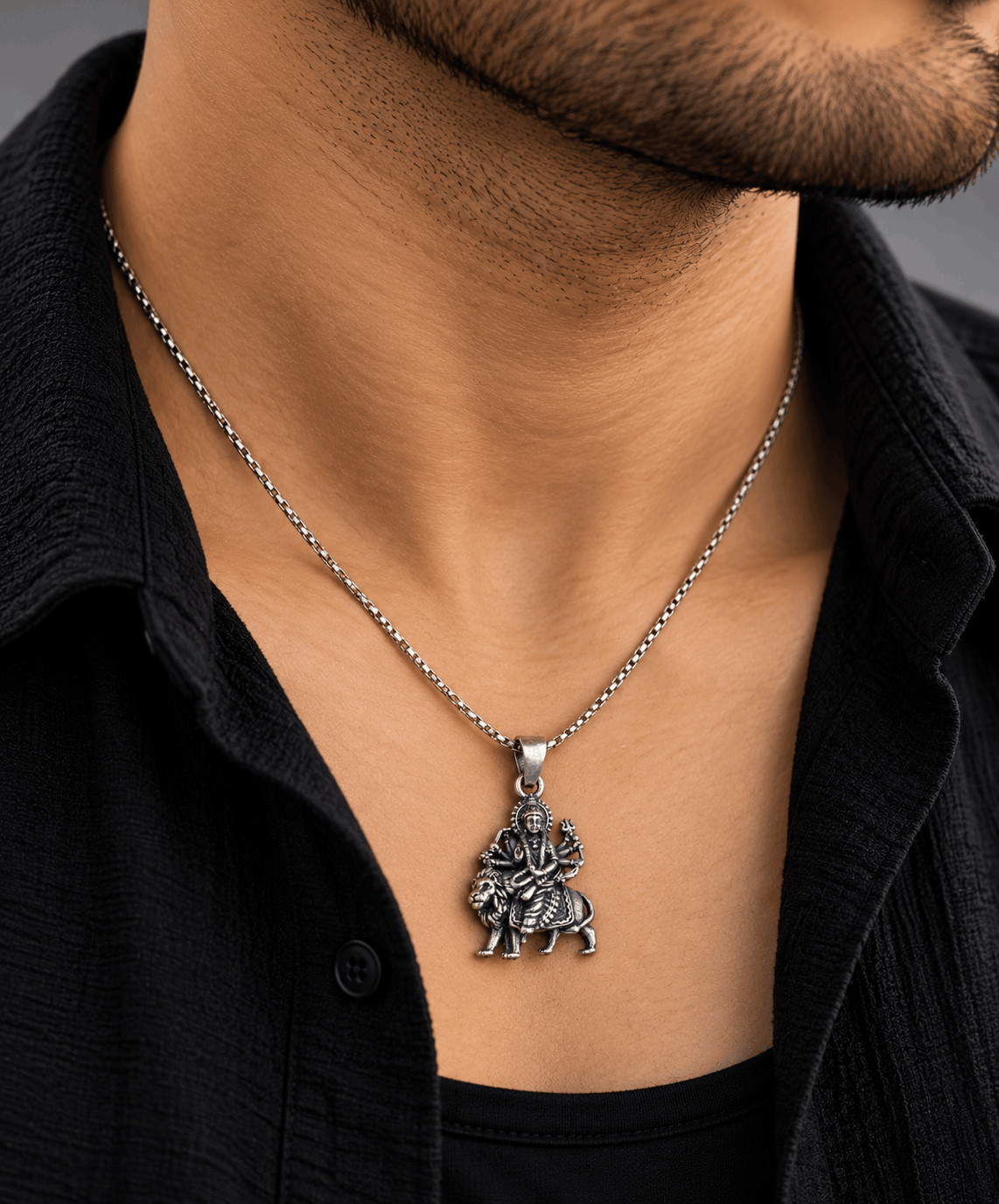 Oxidised Silver Maa Durga Pendant