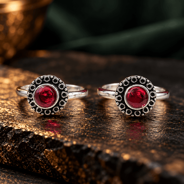 Ruby Red Stone Silver Toe Rings
