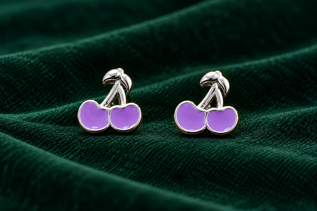 Purple Cherry Silver Stud Kids Earrings