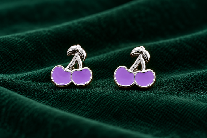 Purple Cherry Silver Stud Kids Earrings