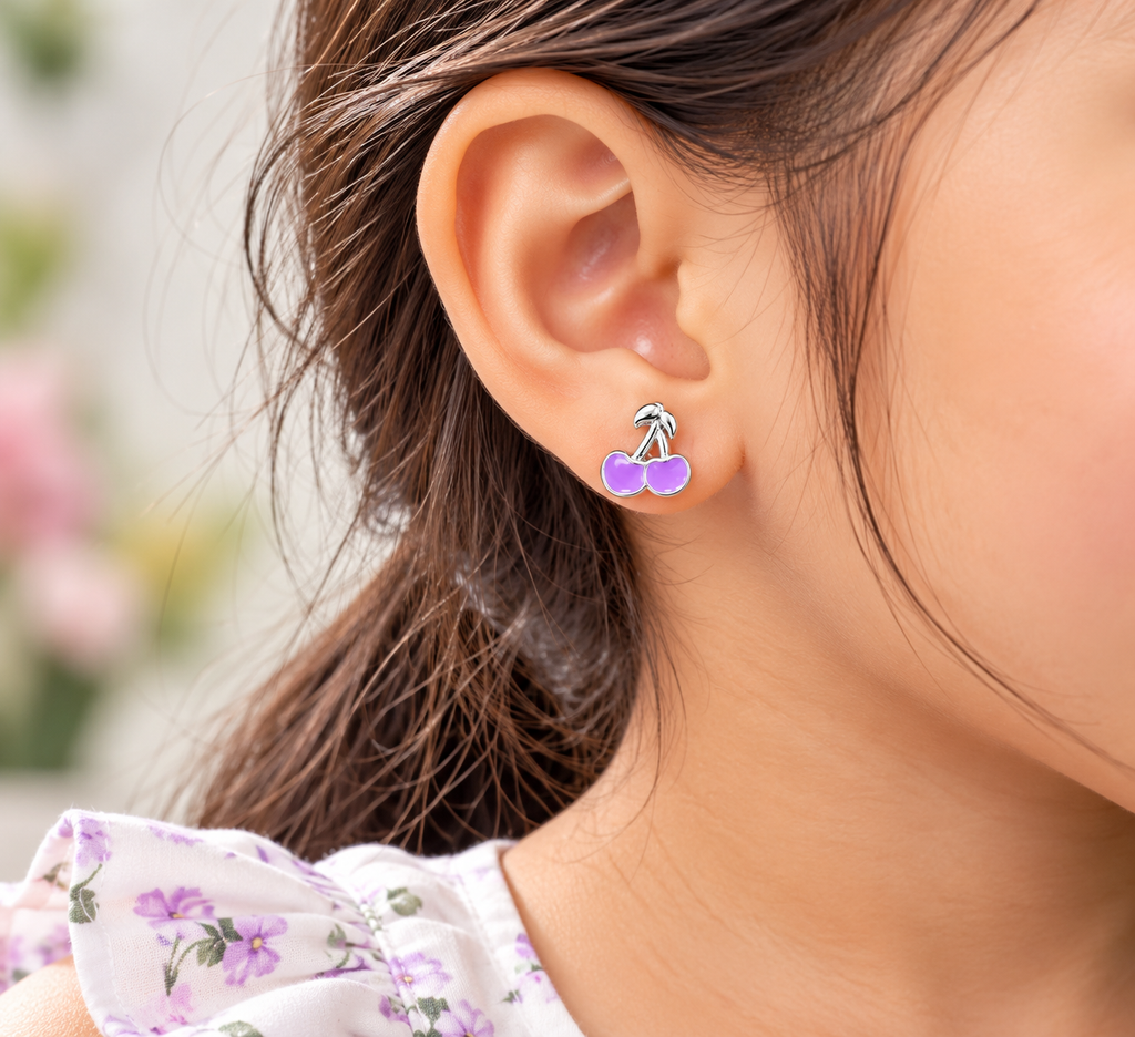 Purple Cherry Silver Stud Kids Earrings