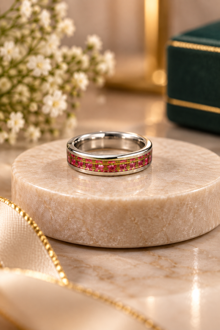 Red Pattern Silver Ring