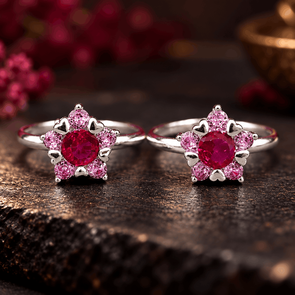 Ruby Red Floral Silver Toe Ring