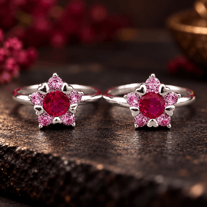 Ruby Red Floral Silver Toe Ring