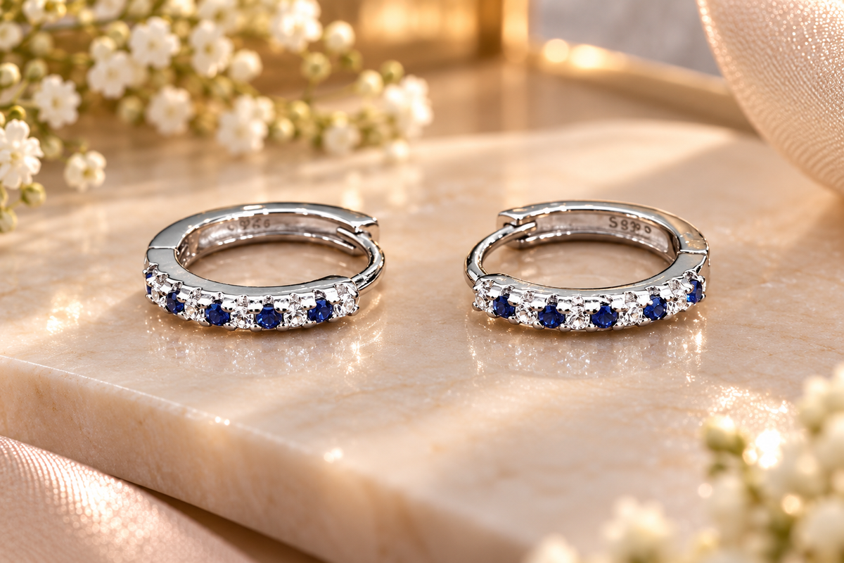 Silver Blue Stone Hoop Earrings
