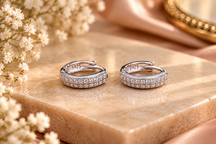 Silver Crystal Huggie Hoop Earrings