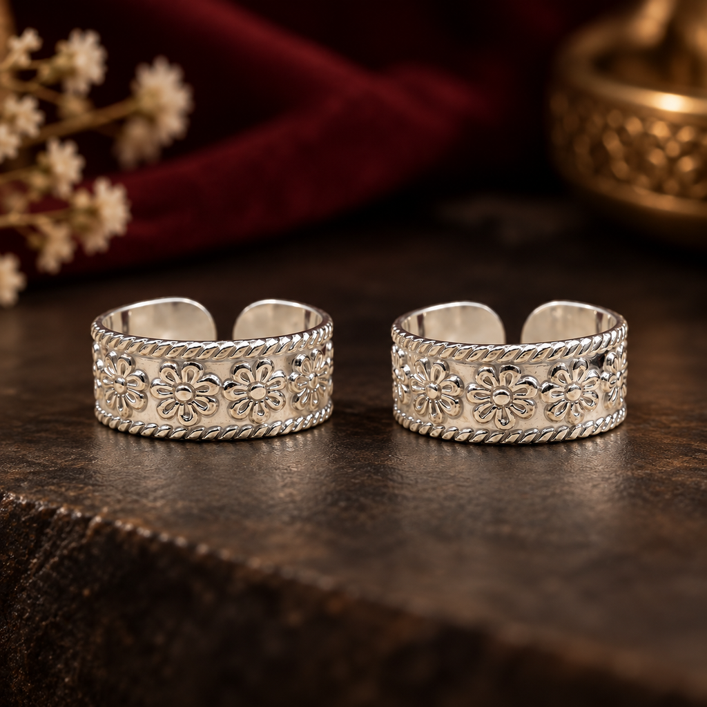 Silver Floral Band Toe Rings
