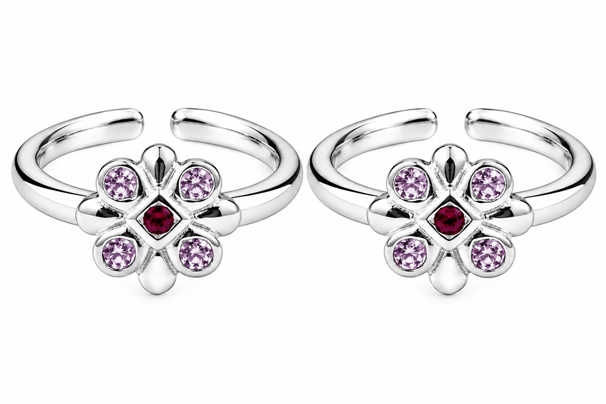 Floral Purple Stone Silver Toe Rings