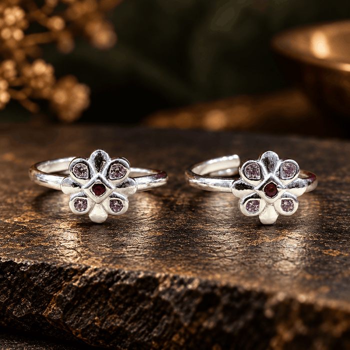 Floral Purple Stone Silver Toe Rings