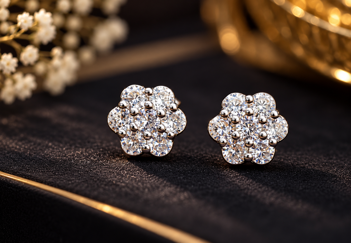 Silver Floral Stone Stud Earring