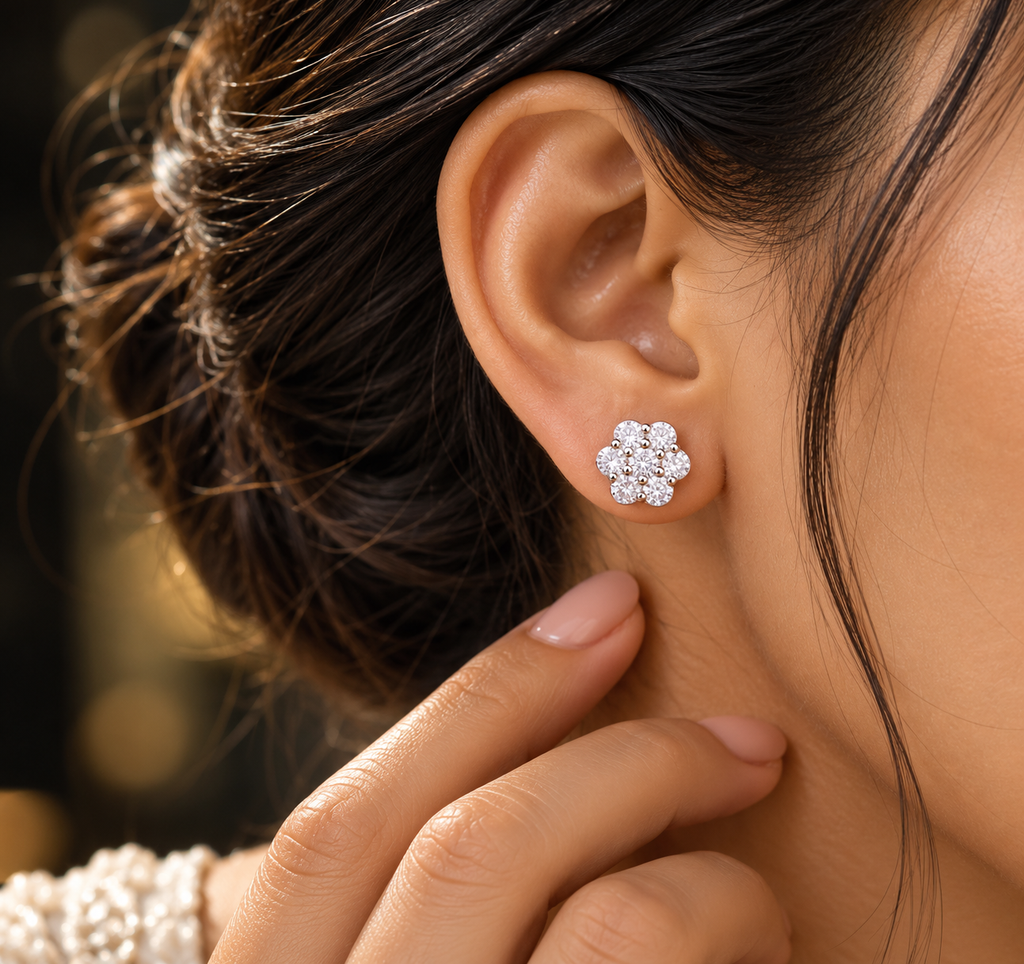 Silver Floral Stone Stud Earring