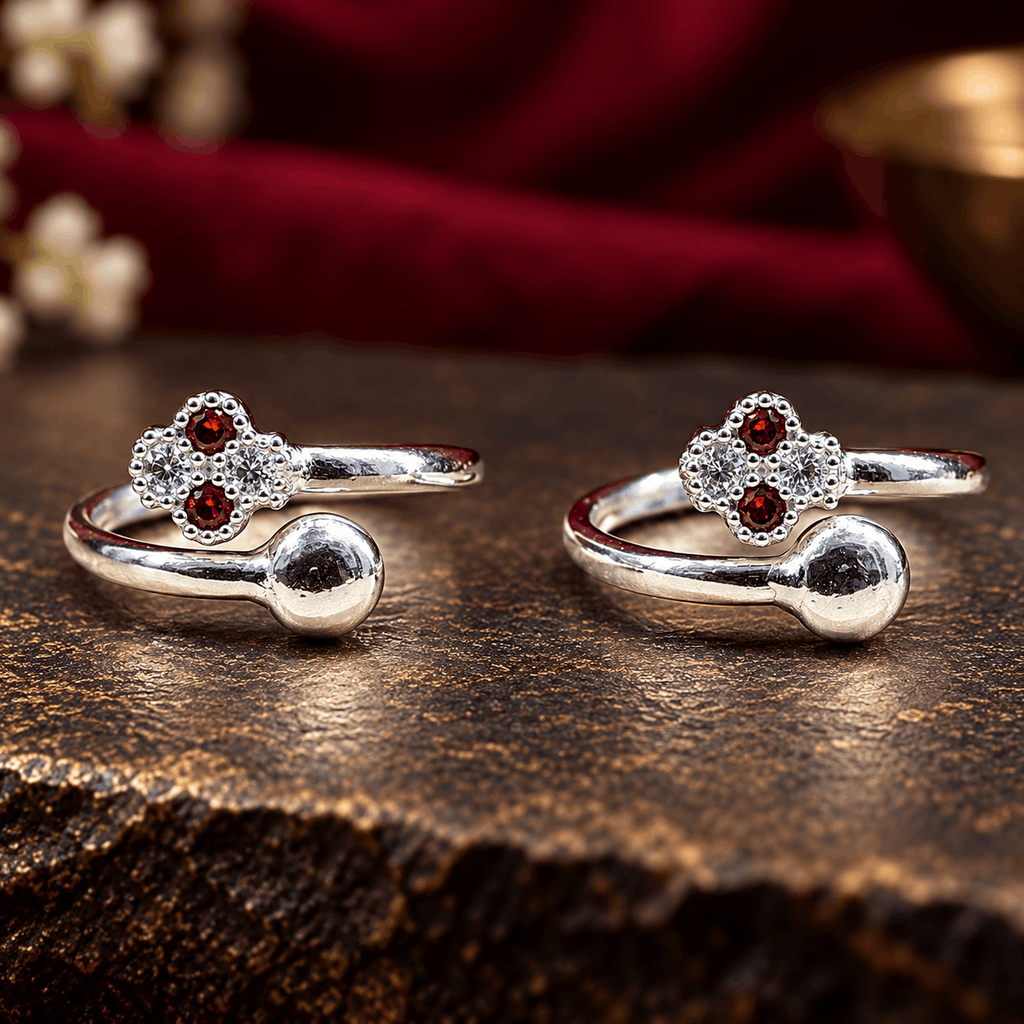 Designer Red Stone Silver Toe Rings